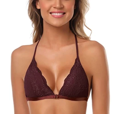 Image of SHEKINI Women Embroidery Floral Lace Bra Front Closure Wire Free Everyday Bralette Red S