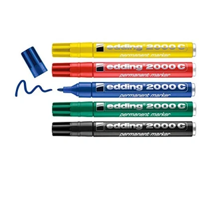 Image of edding 2000 C permanent marker red, blue, green, yellow, black set of 5 basic colours round nib quick drying waterproof for cardboard, plastic, wood, metal, glass
