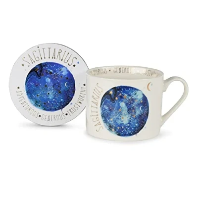 Image of Pyramid International GP86064 Summer Thornton Ceramic Mug Set with Coaster in Presentation Gift Box, Sagittarius Design, 11oz Capacity, Gold,White