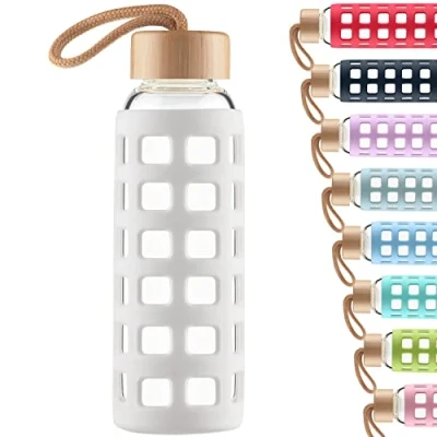 Image of Cleesmil Sports Glass Water Bottle with Silicone Sleeve Bamboo Lid BPA Free 1000 ml / 1 litre (White)
