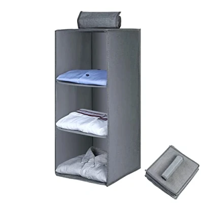 Image of AiQInu Hanging Shelf Wardrobe, Storage Cupboard Organiser with 3 Compartments, Foldable, Space Saving, Sturdy Bamboo Pole, Reinforced System for Wardrobes