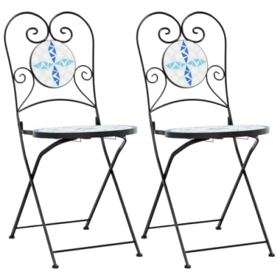 Image of vidaXL Bistro Chairs Blue/White Mosaic Foldable Outdoor Seating, Powder Coated Iron &amp; Ceramic, for Garden/Patio/Balcony