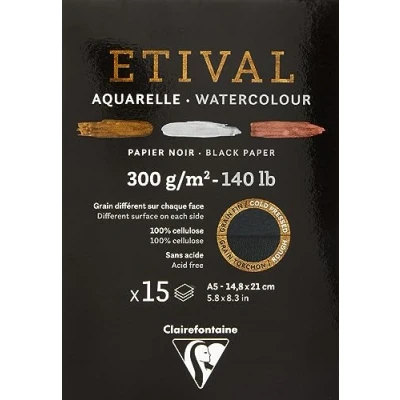 Image of Clairefontaine Ref 975318C Etival Cold Pressed Black Watercolour Painting &amp; Drawing Pad (15 Sheets of Paper) A4 (29.7 x 21cm) 300gsm Cellulose Art Paper
