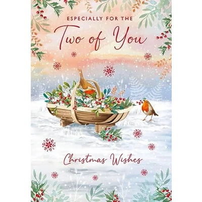 Image of Nigel Quiney For the Two of You Christmas Card Robins and Berry Foraging with Foil Finish Eco Friendly Recyclable