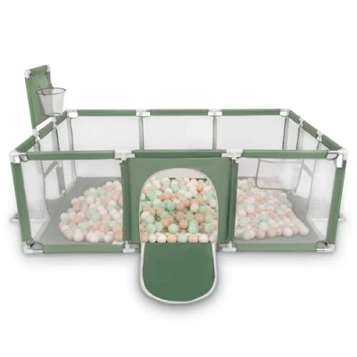Image of Selonis Baby Playpen Big Size Playground with 100 Balls for Kids, Green:Pastel Beige/White/Mint