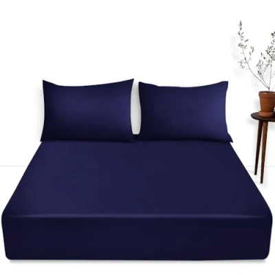 Image of King Size Deep Fitted Sheet 16&quot;/40 cm Anti Allergy Bedding Polycotton Fabric Pocket Bottom Navy
