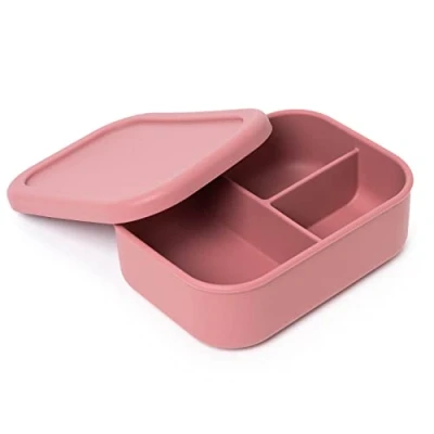 Image of Indian Tiffin Bento Lunch Box Silicone Container, 3 Compartments, Food Grade, Leak Proof Salad Box, Microwave Safe (Red)