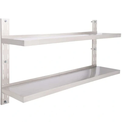 Image of vidaXL 2 Tier Stainless Steel Floating Wall Shelf 150x30 cm Grey Mounted Storage for Kitchen, Dishes, and Cookware Adjustable Height, 40 kg Capacity