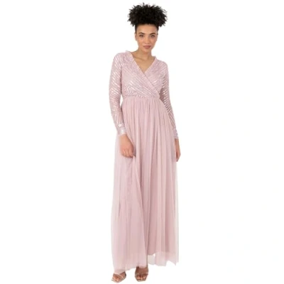 Image of Maya Deluxe Women&#039;s Maxi Dress Ladies Embellished Wrap Tulle Frilly V Neck Long Sleeve for Wedding Guest Bridesmaid Prom Ball Gown, Frosted Pink, 12
