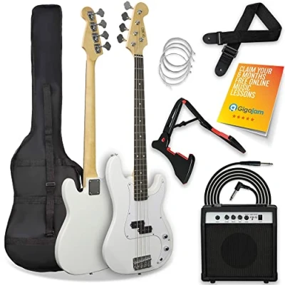 Image of 3rd Avenue Full Size 4/4 Electric Bass Guitar Beginner Pack Kit with 15W Amplifier, Bag, Cable, Strap, Stand and Spare Strings White