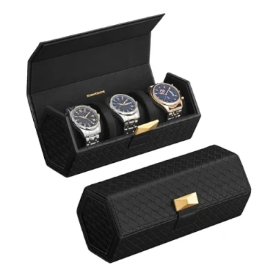 Image of SONGMICS HOME RONNE Collection 3 Watch Travel Case, Hexagon Roll, Woven Embossed PU Leather, Organiser with Hidden Storage, 9.8 x 21.2 8.7 cm, Gift Idea, Ink Black JWB027B01
