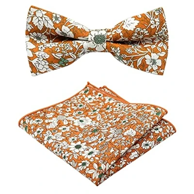 Image of Men&#039;s Luxury Cotton Pre tied &amp; Fully Adjustable Bow Tie Pocket Square Set (Orange Floral) suitable for formalwear, office, weddings, parties, grooms groomsmen outfits