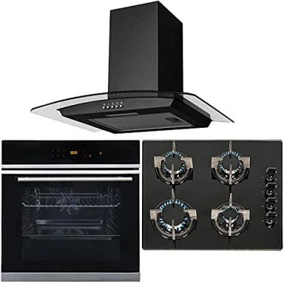 Image of SIA BISO6SS 60cm Black Touch Control 10 Function Single Fan Oven, 4 Burner Gas On Glass Hob &amp; Curved Cooker Hood Kitchen Extractor