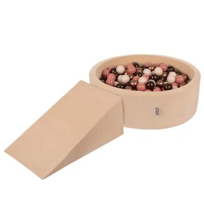 Image of KiddyMoon Foam Playground Velvet For Kids With Round Ballpit (200 Balls ∅ 7Cm/2.75In) Soft Obstacles Course And Ball Pool, Sand Beige: Brown/Copper/Pastel Beige/Salmon