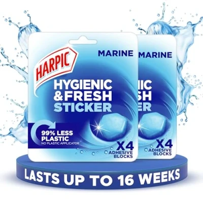 Image of Harpic Hygienic Fresh Sticker Adhesive Toilet Block, Marine, Pack 2 x 4 Stickers, Freshener, No Plastic Applicator, Up to 16 weeks of Freshness