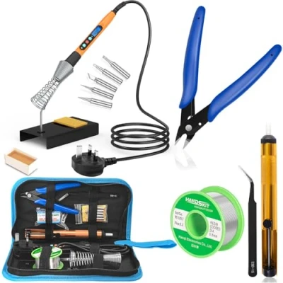 Image of HANDSKIT Soldering Iron, Iron Kit with Solder, 60W Adjustable Temperature Kit, 2 Tips, Desoldering Pump, 8in1 Screwdriver, Tin Wire Tube, Stand, Tweezers
