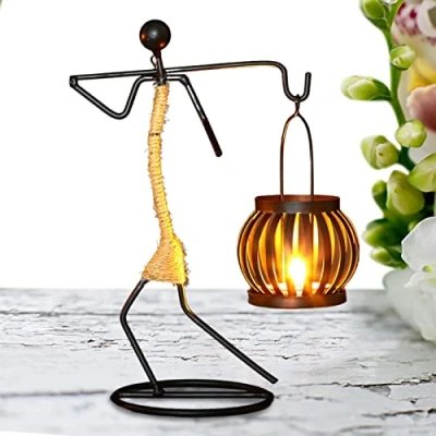 Image of African Candle Holder Decor Tea Light Art Style Metal Abstract Girl Votive Candlestick Stand, Figurine for Living Room Honhoha