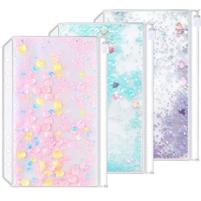 Image of 3 Pack A5 6 Holes Binder Pockets Plastic Zipper Folders Waterproof Loose Leaf Bags Zip Lock Envelope for Documents Notebooks Cards (Sequins Decorate Pocket, A5)