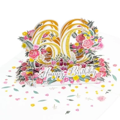 Image of Three Dee Cards Happy 60th Birthday Pop up Greeting Card, 3D For Wife Husband Partner Mum Dad Grandad Grandma Sister Brother Friend Her Him Sixtieth