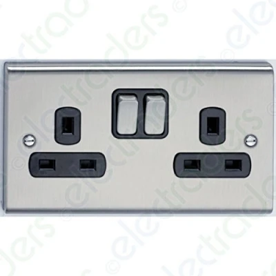 Image of Deta SD1209SSB Switched Socket Outlet 13 Amp 2 Gang (Stainless Steel/Black Inserts)