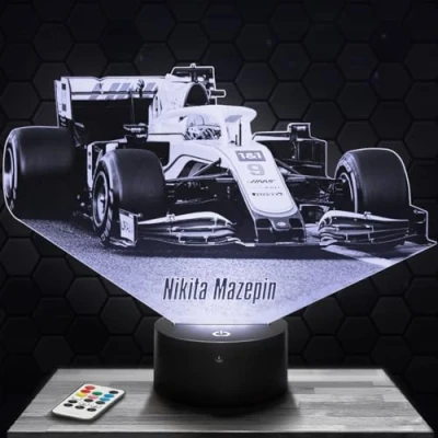 Image of Bedside lamp, Formula 1 Night Light N. Mazepin F1 Team 3D LED Illusion Christmas Birthday Gift idea for Boys and Girls Child or Adult Bedroom