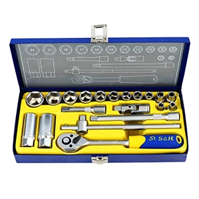 Image of S&amp;R 20 Piece Socket Set 3/8&quot; in Metal Box Professional Quality with Lock Drive Profile for Precise and Safe Use