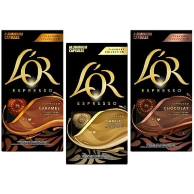 Image of L&#039;OR Espresso Chocolate, Vanilla and Caramel Flavour Coffee Pods X 3 (Pack of 3, Total 30 Capsules)