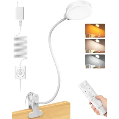Image of Glocusent 5W Clip on Light, 36 LED Eye Caring Reading Light for Bed, 3 Colors &amp; 5 Brightness Lamp with Adapter, Perfect Light/Bunk Bed (with Remote Adapter White)