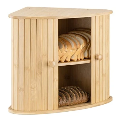 Image of Navaris Wooden Bread Bin Countertop Kitchen Corner Bun Farmhouse Loaf Bagel Wood Container with Sliding Doors Breadbox