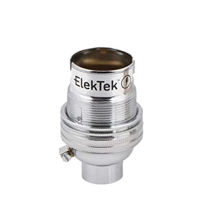 Image of ElekTek Lamp Holder Unswitched B22 BC Bayonet Cap with Shade Ring 1/2&quot; 26TPI Threaded Bottom Entry Made in UK Chrome