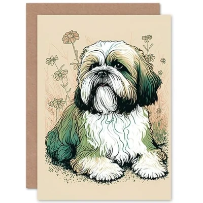 Image of Artery8 Shih Tzu Dog with Daisies Modern Multicoloured Linocut Illustration Art Birthday Sealed Greeting Card Plus Envelope Blank inside