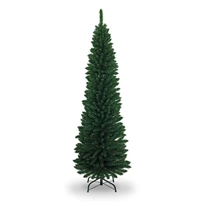 Image of SHATCHI 4ft 8Ft Artificial Flocked Slim Christmas Pencil Tree Holiday Home Decorations with Pointed Tips and Metal Stand, Green,