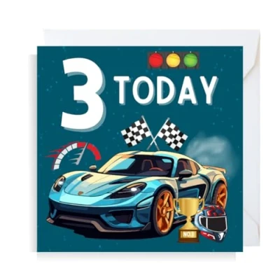 Image of Second Ave Racing Car 3rd Birthday Age 3 Square Children&#039;s Kids Greeting Card for Boy or Girl