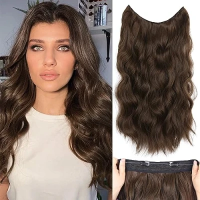 Image of Halos Hair Extension with Transparent Wire, Invisible Wire Extensions 5 Adjustable Sizes, 20 Inch Synthetic Long Wavy Pieces for Women (Color: Chestnut Brown)