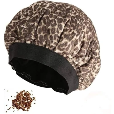 Image of Locisne Cordless Deep Conditioning Hair Heat Cap, Microwavable Care Cap For Therapy, Flaxseed Interior Retention Thermal Treatment Caps,Leopard