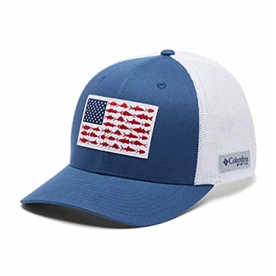Image of Columbia Men&#039;s PFG Fish Flag Mesh Ball Cap High, Night Tide/White, Large X