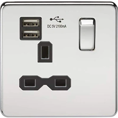 Image of KnightsBridge 13A 1G Screwless Polished Chrome Switched Socket with Dual 5V USB Charger Ports Black Insert