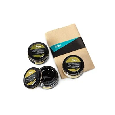 Image of Kaps Professional Boot and Shoe Polish Cream with Cotton Cloth Set of 3 Navy Blue/Transparent/Black 50 ml./1.69 Oz. Each. Made Natural Wax. For Synthetic Leather Footwear Care