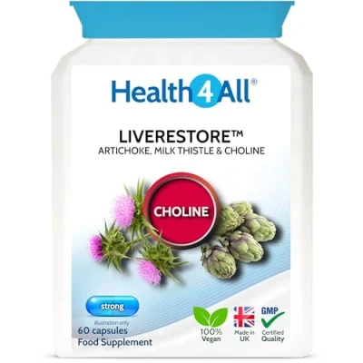Image of Liverestore Capsules with Artichoke, Milk Thistle and Choline. Vegan for Liver Health. Made in The UK by Health4All, 60 (V)
