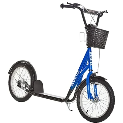 Image of HOMCOM Kids Scooter, Kick Stunt Scooter with Adjustable Handlebar, Dual Brakes, Basket, Cupholder, Mudguard, 16&quot; Inflatable Rubber Wheels, for 5 12 years, Blue