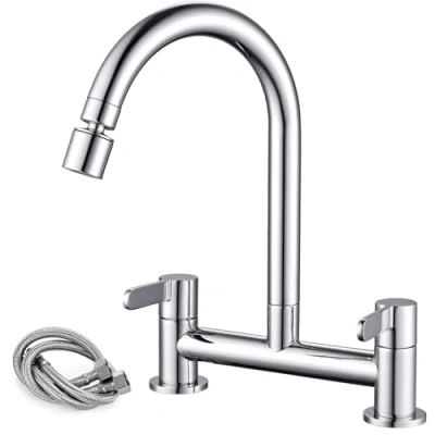 Image of Peppermint Kitchen Mixer Taps 2 Hole with Function Aerator Sink Dual Lever Bridge Tap Chrome 360 Swivel 180MM Center Deck Mounted Faucet