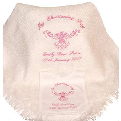 Image of Baby’s Personalised Christening/Baptism/Naming Day Guardian Angel Shawl &amp; Bib Set (Pink)