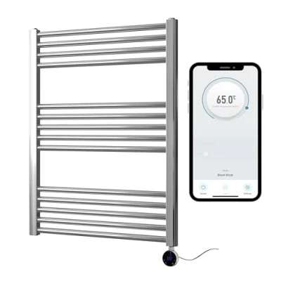 Image of Greened House Chrome Electric Smart WiFi Controlled Heated Towel Rail 600mm W x 800mm H Flat 7 Day Programmable Timer App Compatibility