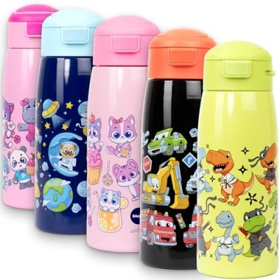 Image of Fringoo Toddler Water Bottle with Straw 350ml Stainless Steel Bottle,Insulated Double Wall, 100% Leak Proof and Lockable, Carry Handle, 12hr temp control, Green Dino Ninja