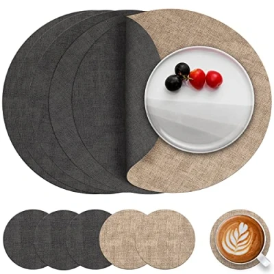 Image of Myir JUN Leather Placemats and Coaster Set of 6, Table Mats Round Waterproof Dual Sided Kitchen Place Coffee Heat Resistant Placemat Non Slip Washable (set Gray Beige)