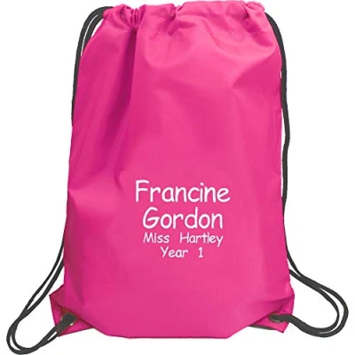Image of Girl&#039;s Personalised Name, Teacher &amp; School Year Sports PE Drawstring Gym Swimming Bag (Fuchsia Pink)
