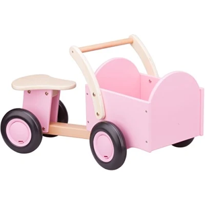 Image of New Classic Toys 11404 Baby Wooden Ride On Trike Toy, Toddlers First Tricycle for One Year Old, Children Scooter Age 18 Months with 4 Wheels Pink Color, Carrier Bike