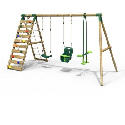 Image of Rebo® Wooden Swing Set with Up and Over Climbing Wall Sienna Green OutdoorToys Knotted Rope, Glider Seat, Sturdy Construction, Pressure Treated Timber