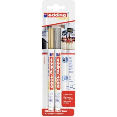 Image of edding 4085 chalk marker gold, silver 2 pens round nib 1 mm fine wet wipe pen for chalkboards, windows, glass, mirrors liquid opaque coverage