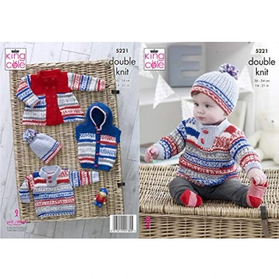 Image of King Cole 5221 Knitting Pattern Baby Coat Gilet Sweater Hat in Cherish and Cherished DK